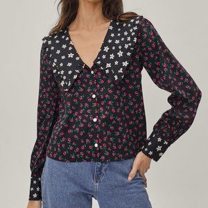 Nasty Gal Contrast Floral Print Peter Pan Collar Blouse NWT